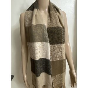 V. Fraas Women's Cashmink Brown Tan Fringe Scarf Soft Acrylic Floral Print